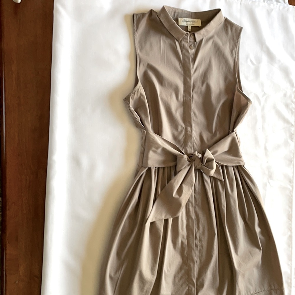 Taupe color sleeveless dress. Button down front with side pockets. Size 8